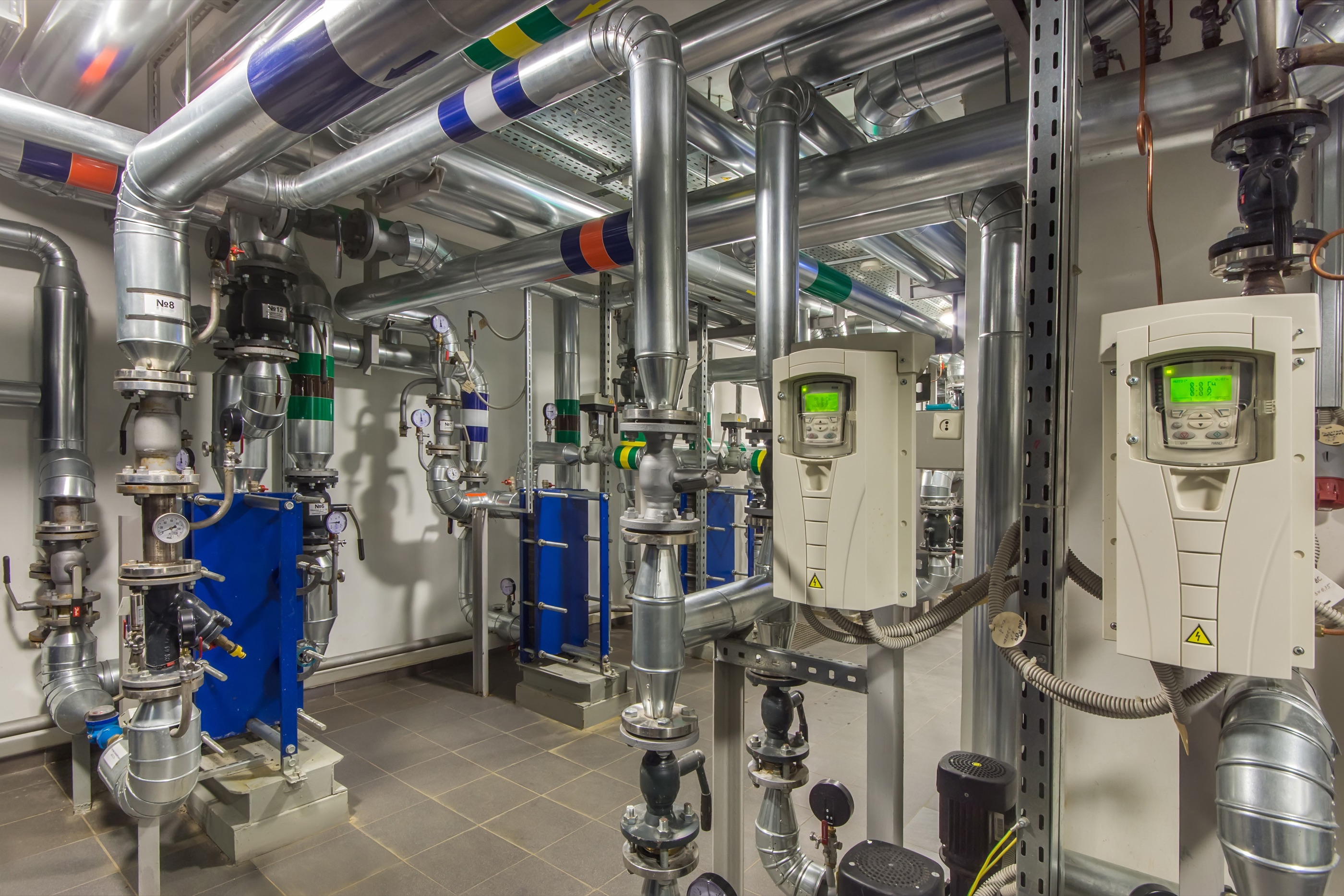 Mechanical room with pipes and control equipment